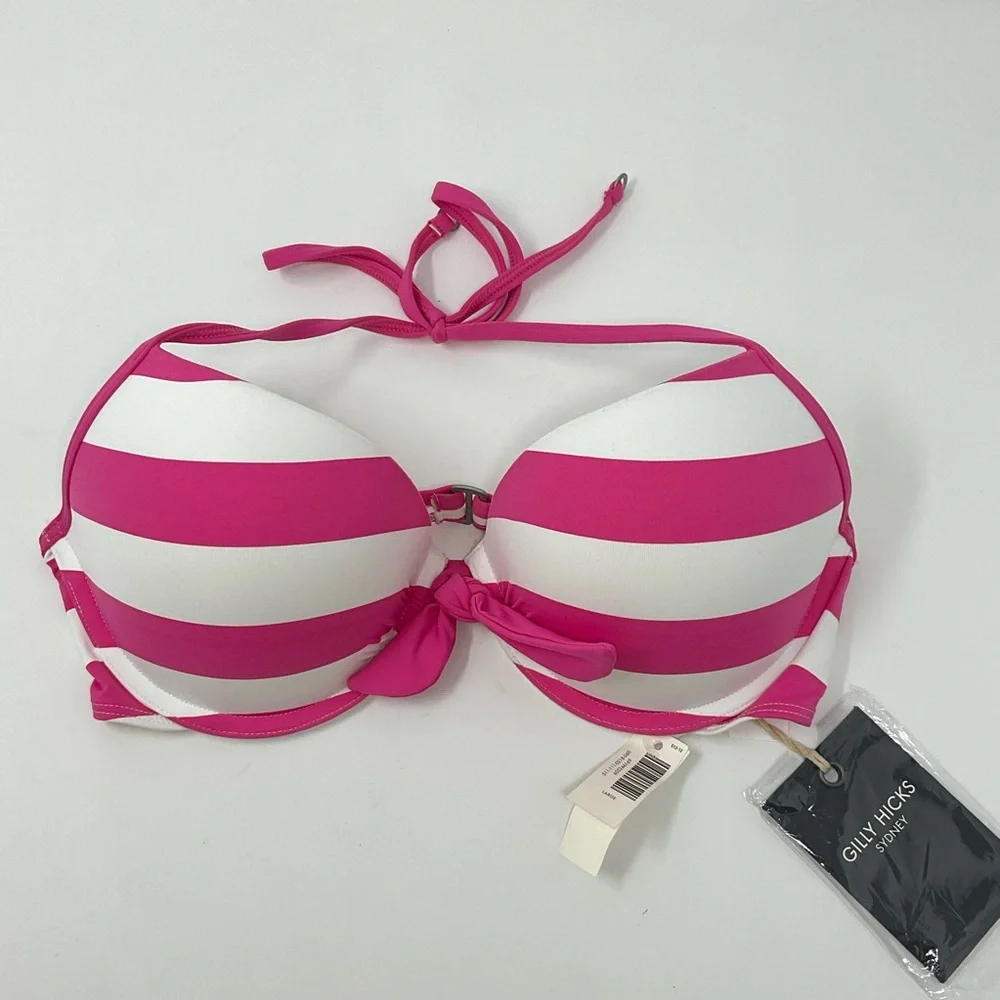 Billy Hicks Push Em Up pink White Stripe Bikini Top Size Large NWT G16